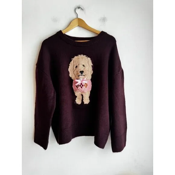 Maeve Anthropologie 3D Dog Pullover Sweater Maroon Brown XL - Picture 4 of 4